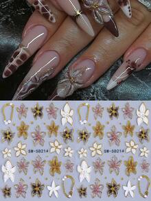 2片装5D透明渐变芙蓉花美甲贴纸，自粘金色轮廓热带海滩花卉图案，夏季假日美甲装饰，女士DIY美甲配件 - 彩色 - 查看 9