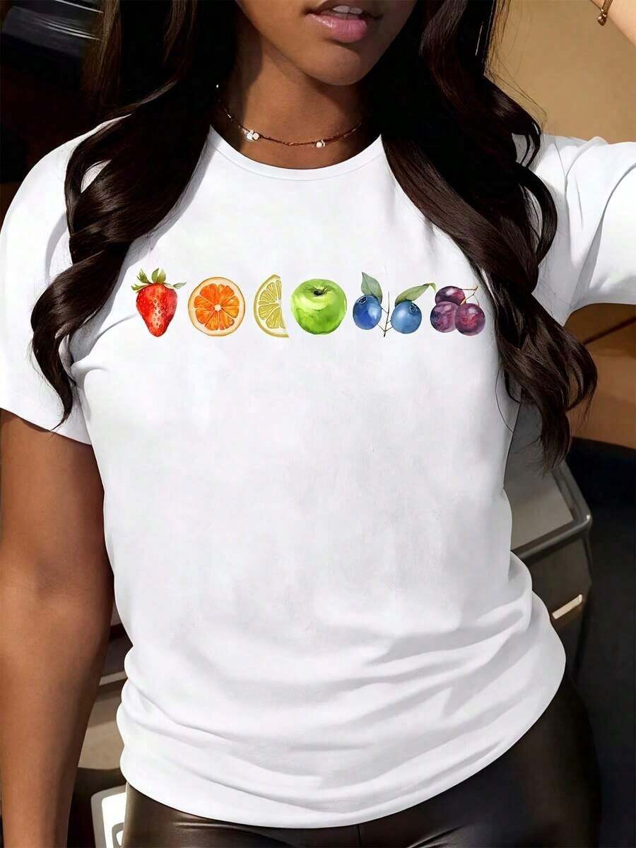 Women's Short-Sleeved T-Shirt With Round Neck And Fruit Print (Strawberry, Orange, Lemon, Apple, Blueberry, Plum), Casual And Loose Style, Ideal For Everyday Wear And Summer Outfits - Urban Vintage Style, Unisex, Cotton, Loose Fit, With Round Neck And Short Sleeves. - 白色 - 查看 1