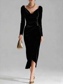 New Women's Long Dress, Made Of Shiny Velvet, Casual And Sexy Style, Long Sleeves, Pleated, Side Slit, Mermaid Cut, Flattering Design, Perfect For Parties And Special Nights - 黑色 - 查看 7