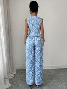Elenzya Conjunto de 2 piezas de chaleco y pantalones azules de estilo elegante y casual para uso diario y de negocios, con estampado de margaritas africanas y relieve de jacquard, para mujer - Azul - Ver 2