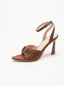 Giày sandal khóa kim loại thời trang mùa hè, màu nâu cà phê, một quai, chất liệu satin siêu mềm, thanh lịch cho đám cưới, tiệc tùng và trang phục thường ngày, mũi nhọn cao gót. - Cà phê nâu - Xem 9