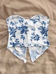 Top tubo con estampado floral azul y blanco para mujer, blusa de gasa cómoda, adecuada para el té de la tarde, graduación y capas de invierno - Azul y blanco - Ver 2