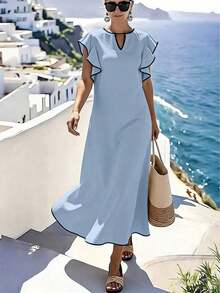 Holidaya Vestido largo de mezcla de lino color albaricoque con ribete de contraste negro, cuello en V, dobladillo con volantes, mangas oversize para mujeres - Celeste - Ver 3
