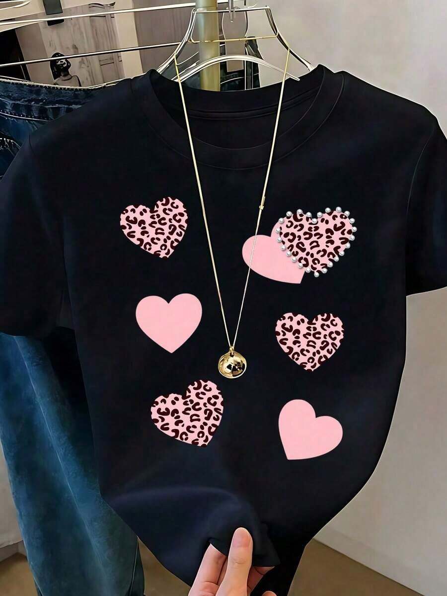 Respirable Playera Blanca de Mujer con Gráfico de 4 Corazones Rojos de Brillo y Borde Plateado, Camiseta de Estilo Aesthetic Brillante Manga Corta, Top Romántico y Femenino, Blusa Casual de Moda, ropa de calor mujer - Negro 5 - Ver 1