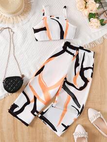2 Stücke /Set Mädchen lässig bedrucktes Top und bedruckte Hose Sommer Mode Outfit - Weiss - View 1