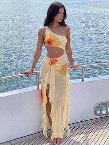 Bonvoyette Set de 2 piezas Traje de baño de una pieza con tirantes finos y estampado floral, con falda asimétrica de malla, sexy y elegante para vacaciones de verano - Amarillo - Ver 1
