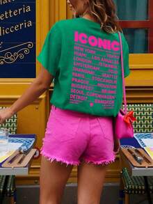 Camiseta de manga corta con estampado de letras, estilo casual para vacaciones de verano - Verde Oscuro - Ver 4