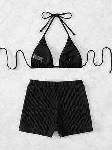 2 piezas Conjunto de bikini de unicolor con textura, tipo halter, adecuado para vacaciones de verano en la playa - Negro - Ver 2