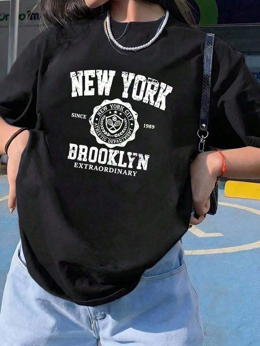 Women's Casual Brooklyn New York Graphic Print Black Short Sleeve Round Neck-Shirt Streetwear Style blusas para mujer playeras de mujer blusas casuales para dama