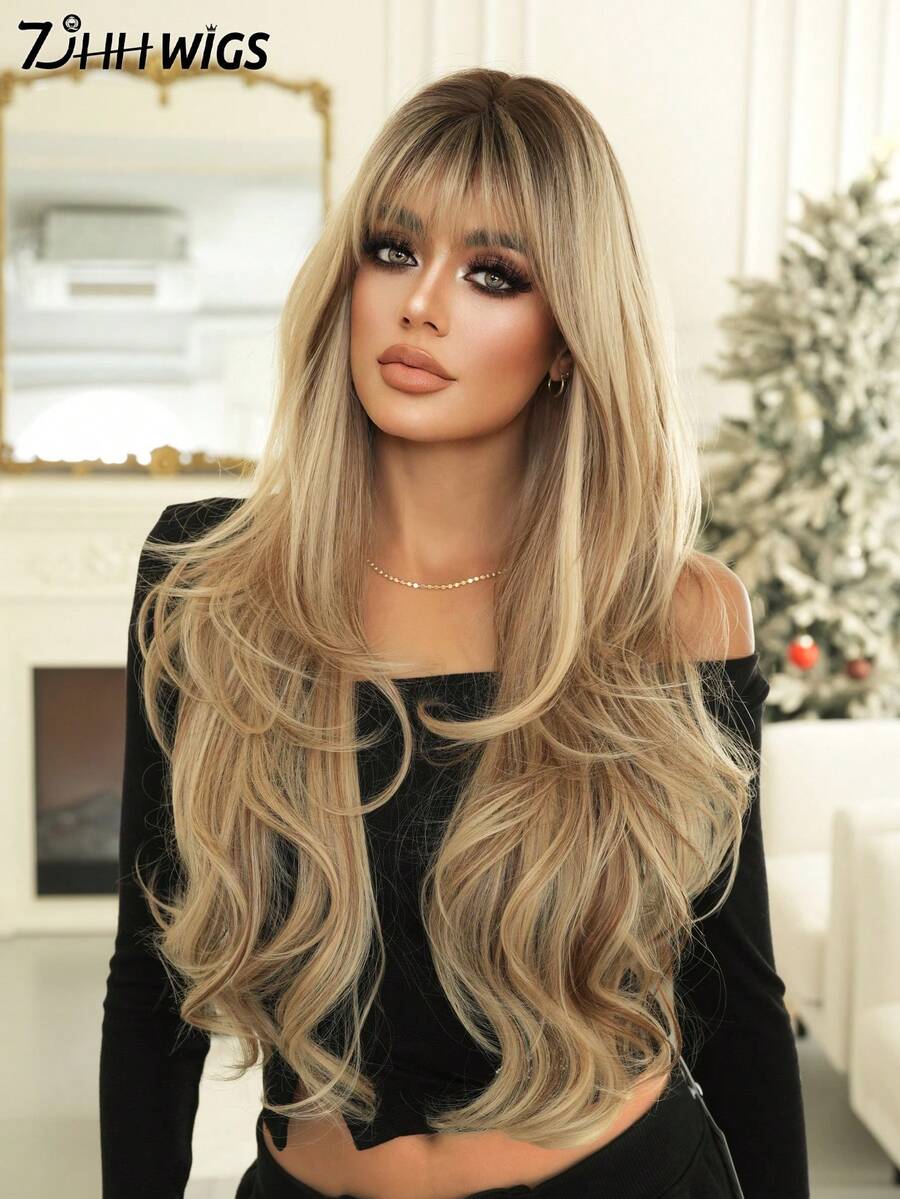 7JHH WIGS Extra Long Body Wave Ombre Blonde Wig For Women 32 Inch Wavy Curly Wig With Bangs Dark Roots, Natural Looking Fluffy Synthetic Heat Resistant Fiber Hair Wig For Daily Wear, Music Festival Party Use - 漸變金色 - 查看 1
