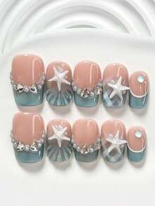 1package/10pcs-Ocean Pearl Starfish Press On Nails – Blue French Tip Beach Style Fake Nails With 3D Shell Charm & Pearl Rhinestone,Vacation Glossy Nails - Multicolor - View 2