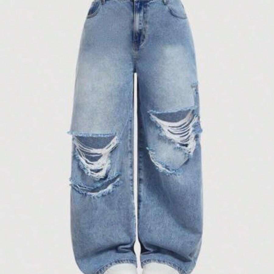 MOD Plus Size Women Casual Loose Fit Distressed Wide Leg Jeans, Blue Summer,Vacation,Easter,Spring,Western,Office,Rave,Cottagecore,Country,Old Money Style Women,Going Out,,Festival,Rodeo,Airport,,Tropical Vacation,Nashville,European Summer,Concert,Cowgirl,Graduation,Elegant,Resort Wear Women,Business Casual Woman,Western Wear Women,Y2k,Y2k,Old Money Style Women,Holiday,Church,Airport /Airport Baggy Jeans - Lavado medio - Ver 1