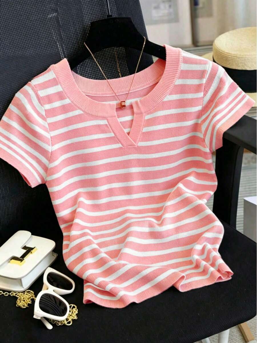 Collegiate Style Pink Striped Knit Short Sleeve V-Neck Pullover Sweater, Summer, Medium Stretch, Drop Shoulder Design, Regular Length - Pink - View 1