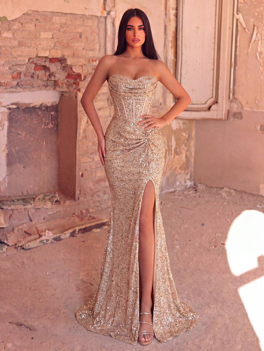 Faeriesty Đầm dạ hội không dây đính sequin bóng, thiết kế thắt eo và xẻ cao cho tiệc cưới - Rượu sâm banh - Xem 1