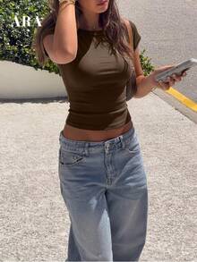 ARA CHIC Women's Khaki Crew Neck Ribbed Fitted Casual Short Sleeve Top, Suitable For Summer Beach, Office And Vacation, New Arrival - Coffee Brown - View 2