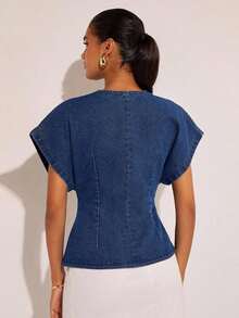 Denim Blusa de mezclilla de manga de murciélago con un solo botón de moda para mujer, de verano - Azul lavado oscuro - Ver 2