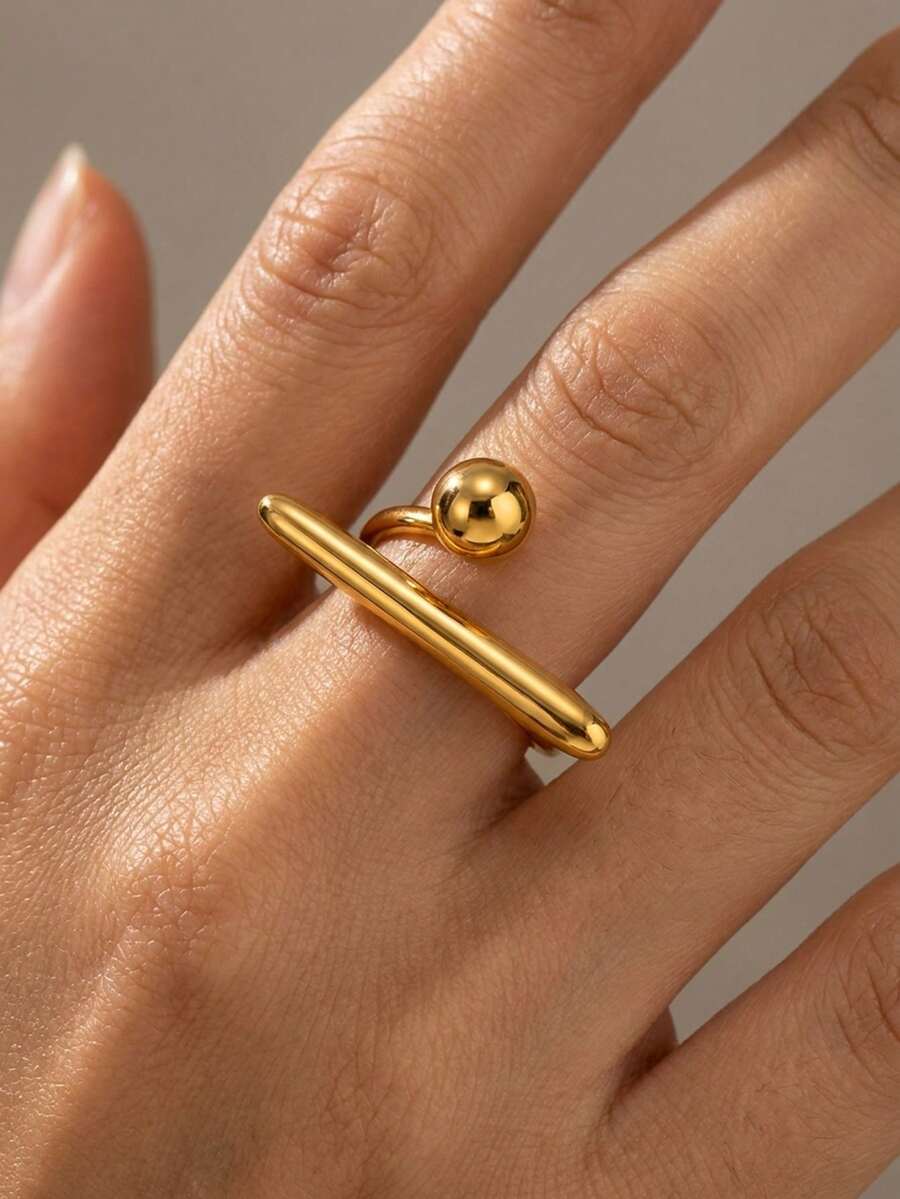 1 chiếc nhẫn hở tối giản bằng thép không gỉ mạ vàng 18K với họa tiết đường kẻ hình học. - Vàng - Xem 1