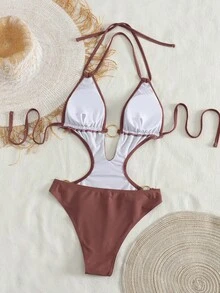 Traje de Baño Entero Halter Color Chocolate para Mujer, Diseño Recortado con Anillo Metálico, Corte Alto, Ideal para Vacaciones en la Playa - Chocolate - Ver 2