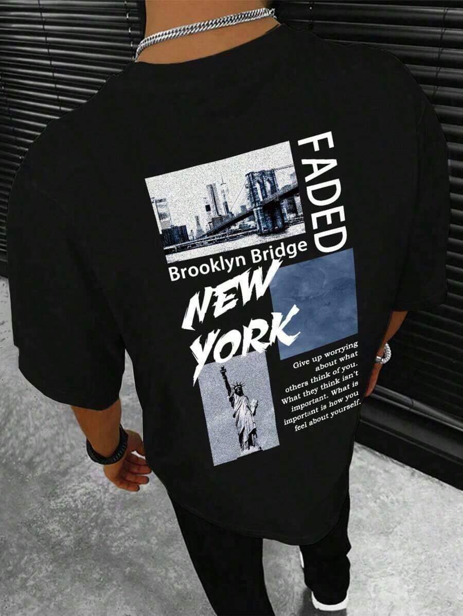 T-shirts graphiques pour hommes, T-shirts graphiques pour hommes de style old school, vêtements d'été pour hommes, T-shirts graphiques pour hommes, T-shirt imprimé avec slogan et grattoir à ciel de Manfinity LEGND, T-shirts graphiques pour hommes de style streetwear, T-shirt graphique pour hommes avec épaules tombantes et slogans, T-shirts graphiques Meny2k, vêtements pour hommes de style streetwear, tenue décontractée d'été, fête des pères, remise des diplômes, fête de l'indépendance, pour hommes. - Noir - Voir 1
