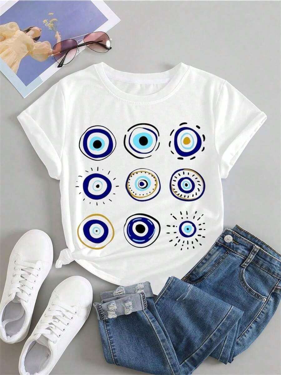Free Shipping, Local Delivery In Mexico, Delivery In 4 Days. Women's Youth Crew Neck Short Sleeve T-Shirt, Fashionable Turkish Eye Design, Casual Polyester, Home, Garden, Travel, Soft, Spring/Summer, Slim Fit - White - View 1