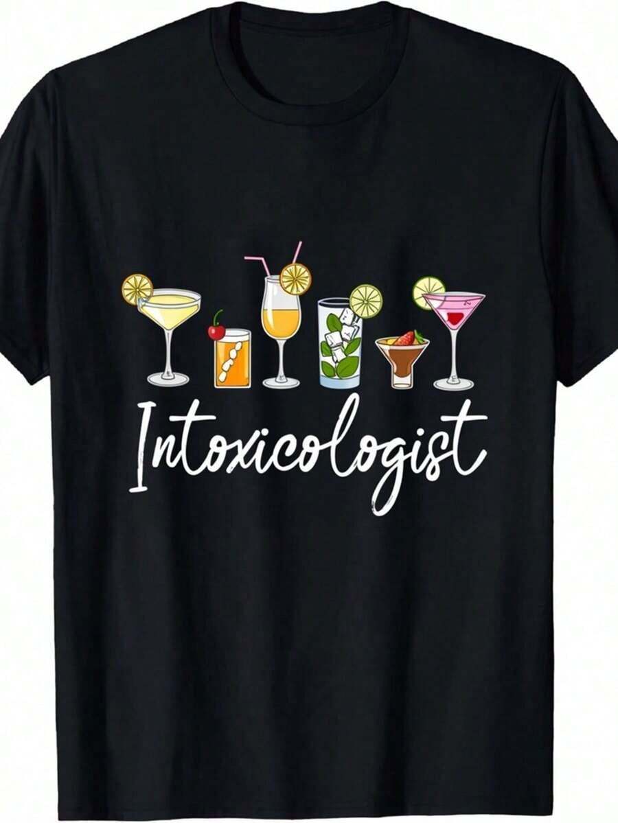 Camia de barman negra con gráficos coloridos de cócteles| Camia Divertida de Bartender Intoxicólogo para Uso Diario Casual, Ropa Ligera para el Hogar, Verano, Estampado Gráfico Humorístico, Cuello Redondo, Unisex, Casual, Camia de Gimnasio Transpirable y Cómoda - Negro - Ver 1