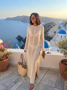 Knit Summer Dress With Deep Slit - Cream - View 3