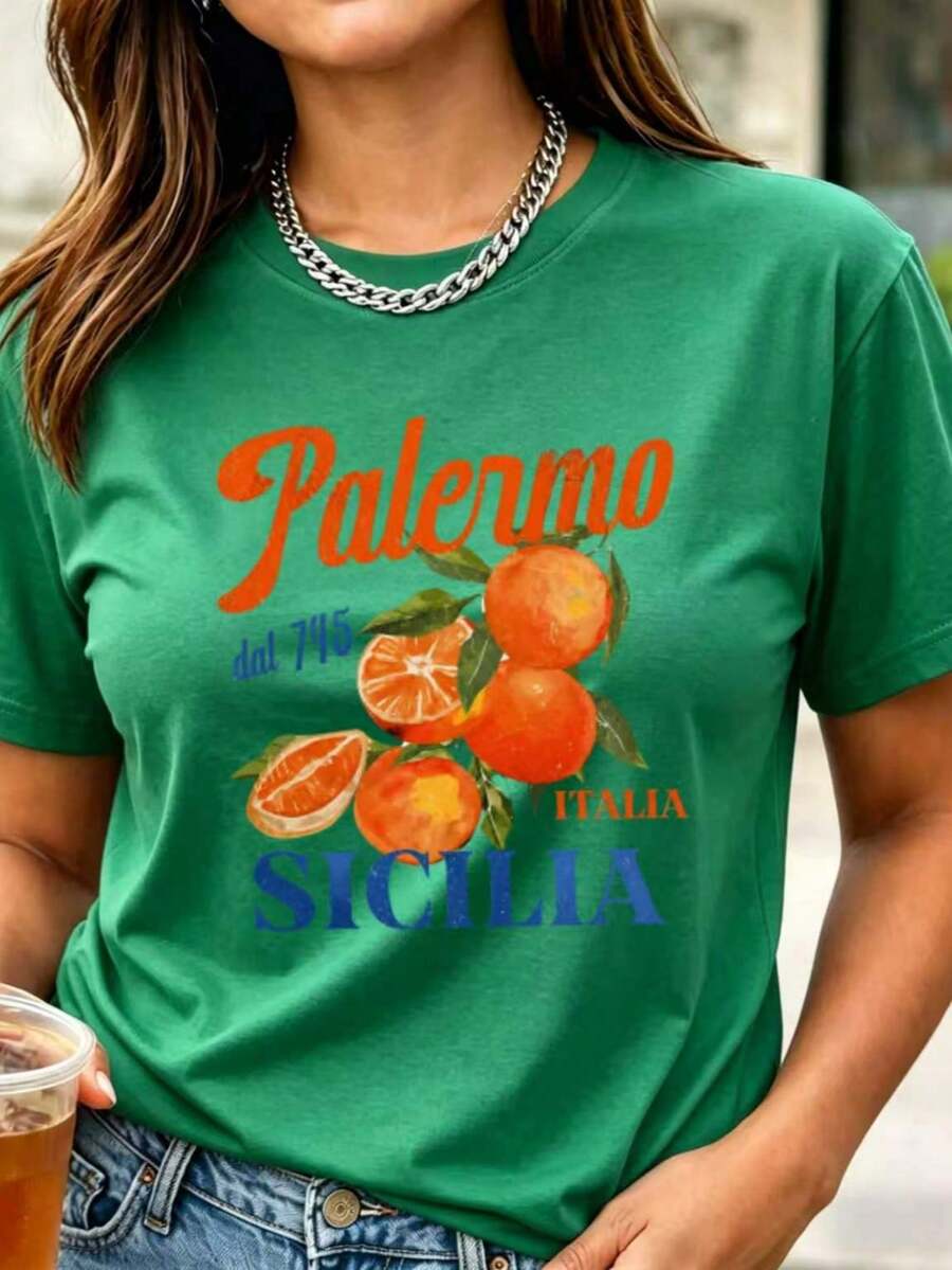 Women's Green Short Sleeve Crew Neck T-Shirt - Sicilian Orange Print (Palermo), Italy - Versatile Vacation Garment - Pure Cotton Basic T-Shirt - Sicilian Orange Theme Print (Palermo) - Casual And Travel T-Shirt - 綠色 - 查看 1