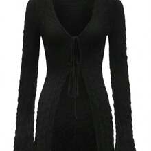 ICON 91s Bell Sleeve Tie Front Textured Sheer Black Top - Negro - Ver 1