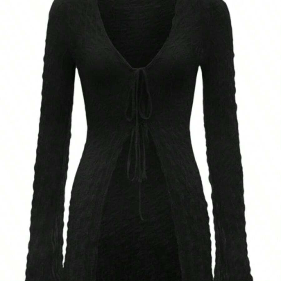 ICON 91s Bell Sleeve Tie Front Textured Sheer Black Top - Negro - Ver 1