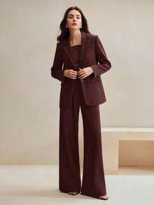 Conjunto de traje de mujer, blazer de unicolor estilo vintage + pantalones rectos, 2 piezas - Burdeos 2 - Ver 5