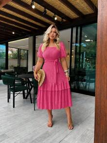Elegant Women's Casual Dress, Fabric, Hem With Ruffle, Knot, Pleated, Women's Evening Wedding Dress - 玫紅色 - 查看 1