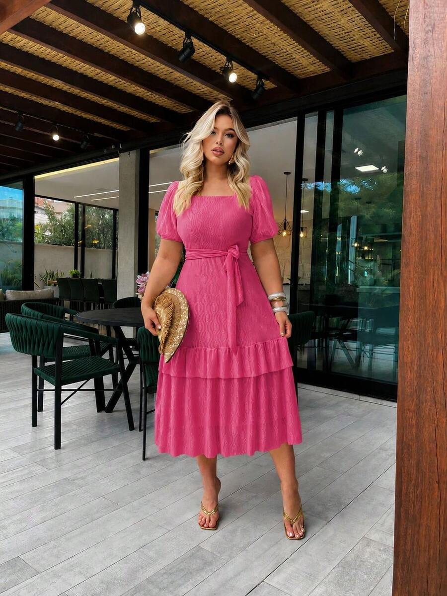Elegant Women's Casual Dress, Fabric, Hem With Ruffle, Knot, Pleated, Women's Evening Wedding Dress - 玫紅色 - 查看 1