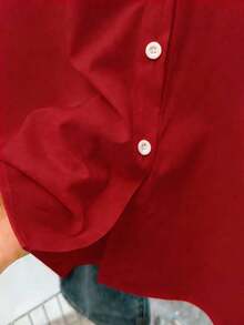 Camisa casual de mujer de un solo pecho de manga larga con hombros caídos y unicolor - Rojo - Ver 3