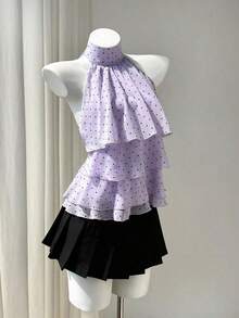 Blusa elegante sin mangas con cuello de tortuga, volantes y lunares para el verano - Morado - Ver 7