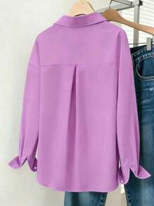 Camisa casual de mujer de un solo pecho de manga larga con hombros caídos y unicolor - Morado - Ver 2
