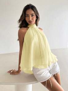 Camiseta sin mangas de gasa con cuello halter, fruncida y con línea A, de estilo bohemio minimalista y sexy, color morado berenjena, para primavera/verano - Amarillo claro 2 - Ver 6