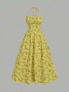 Vestido de verano con estampado floral elegante y lazo en la cintura para mujer - amarillo ganso - Ver 5