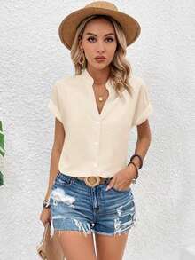 Blusa casual de verano de unicolor con botones delanteros y mangas cortas para uso diario - Beis - Ver 5
