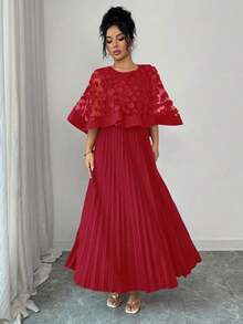 Vestido con decoración floral elegante y bajo plisado, adecuado para bodas, fiestas de cumpleaños y otras ocasiones, otoño - Rojo 2 - Ver 3