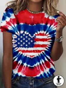Women's Oversized American Flag Tie-Dye T-Shirt 0XL-9XL - Heart-Shaped USA Flag Print, Casual Summer Festival & 4th Of Outfits, Comfortable Round Neck Tee For Year-Round Wear (Machine Washable) - màu đen - Xem 8