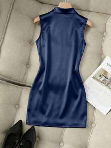 Nuevo vestido de mujer de moda con cuello alto brillante, sin mangas, cintura fruncida y asimétrico de ajuste ceñido - Azul marino - Ver 2
