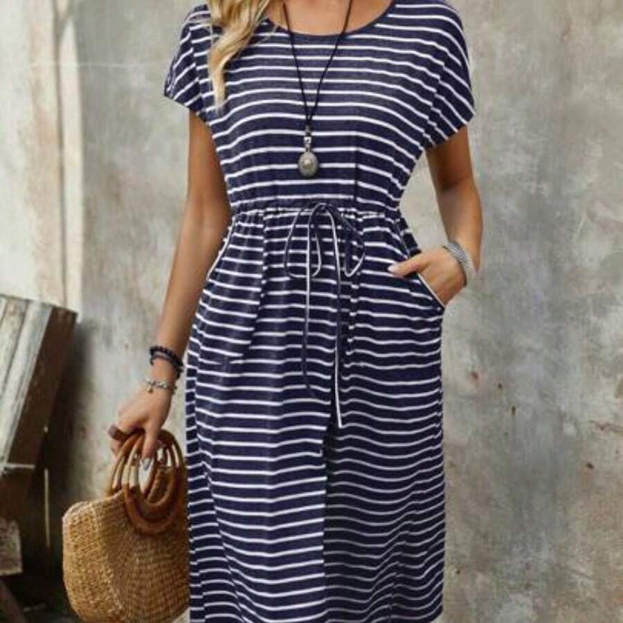 Women's Casual Striped Drawstring Waist Mid-Length Dress, Vacation Wear - Azul Marino - Ver 1