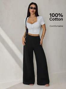 Pantalones anchos de cintura alta con textura, moda casual sencilla para la temporada de vuelta al colegio, estilo de dinero viejo para ir y venir - Negro - Ver 3