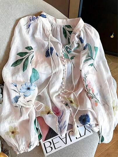 Áo kiểu nữ tay phồng rộng rãi, phối ren móc, kiểu dáng thường ngày, thích hợp cho mùa hè.