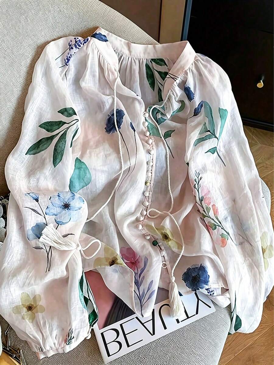 女士宽松灯笼袖钩针拼接休闲衬衫 夏季 - 彩色 - 查看 1