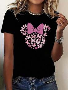 Autorización genuina de , camiseta deportiva de manga corta para mujer a la moda - Diseño con estampado de lazo rosa y mariposa, lavable a máquina, camiseta cómoda e informal fácil de combinar, mezcla de poliéster de alta calidad, adecuada para todas las estaciones, disponible en varios colores, perfecta para reuniones familiares, regalos navideños y salidas diarias, mostrando tu calidez y encanto, ¡un artículo imprescindible! - Blanco - Ver 1