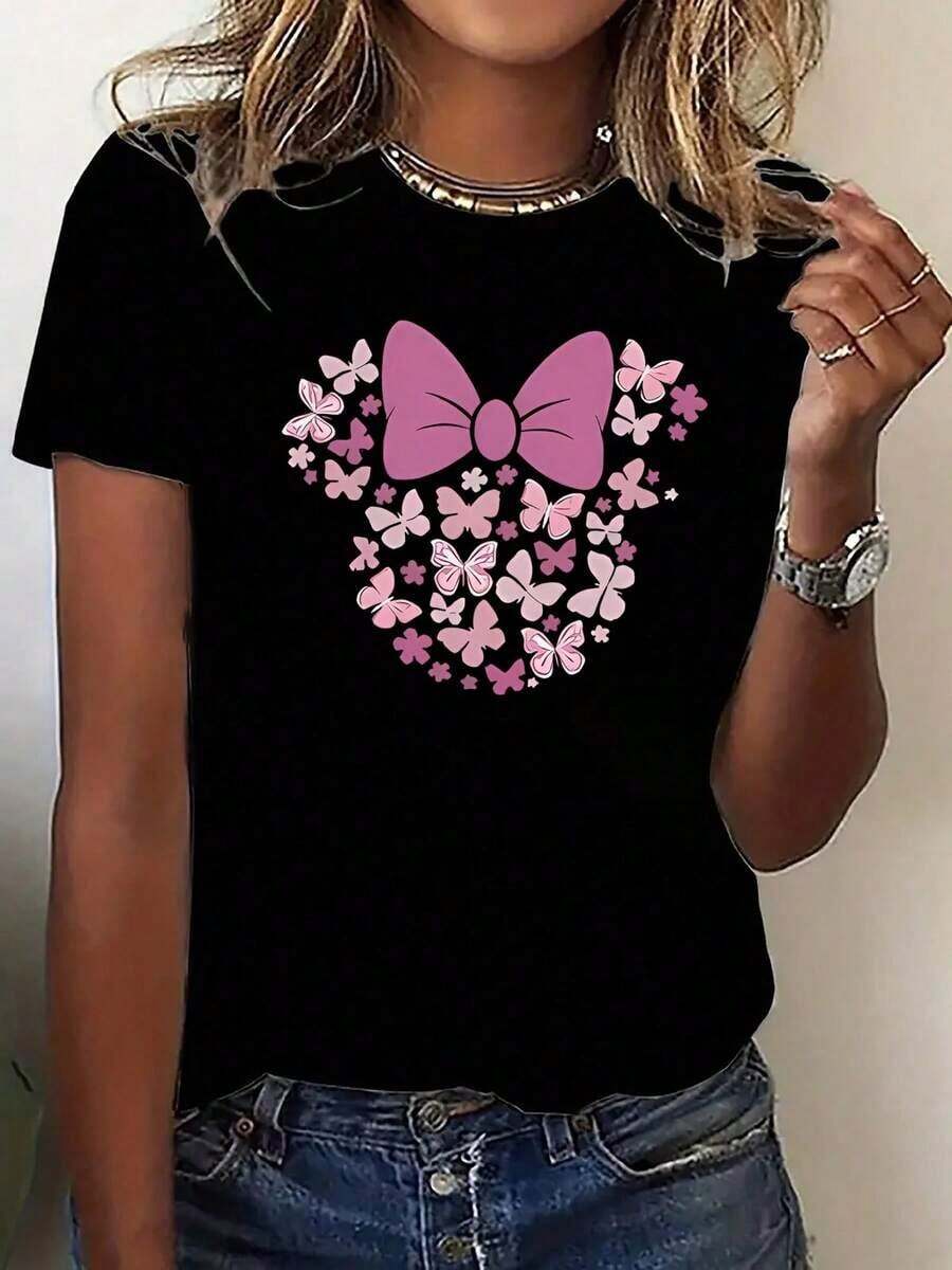 Autorización genuina de , camiseta deportiva de manga corta para mujer a la moda - Diseño con estampado de lazo rosa y mariposa, lavable a máquina, camiseta cómoda e informal fácil de combinar, mezcla de poliéster de alta calidad, adecuada para todas las estaciones, disponible en varios colores, perfecta para reuniones familiares, regalos navideños y salidas diarias, mostrando tu calidez y encanto, ¡un artículo imprescindible! - Blanco - Ver 1