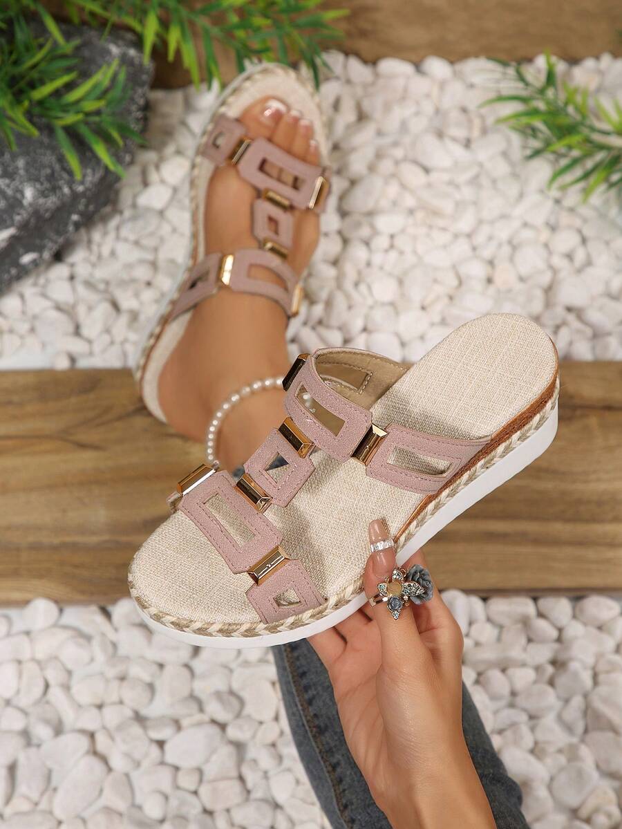 Mila Footwear Women's Plus Size Fashionable Retro Open Toe Rope Bottom Sandals, Geometric Pattern Bohemian Vintage Rivet Decor Thick Bottom Sandals, Suitable For Wedding, Party, Vacation, Summer And Other Occasions, Women's Wedge Thick Bottom Sandals