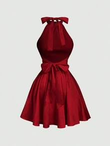 MOD Vestido mini con espalda descubierta, lazo y estampado floral abstracto fluido - Burdeos - Ver 3