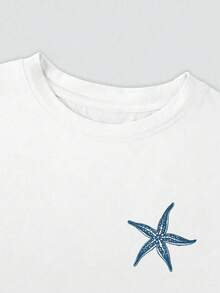 Women's Casual Short Sleeve T-Shirt - Starfish And Seashell Print "SUN BY THE SEA", Loose Fit, Round Neck, Medium Stretch, All Season Comfort, With Lettering, Beach Essential, Y2k Beach T-Shirt - 白色 - 查看 4